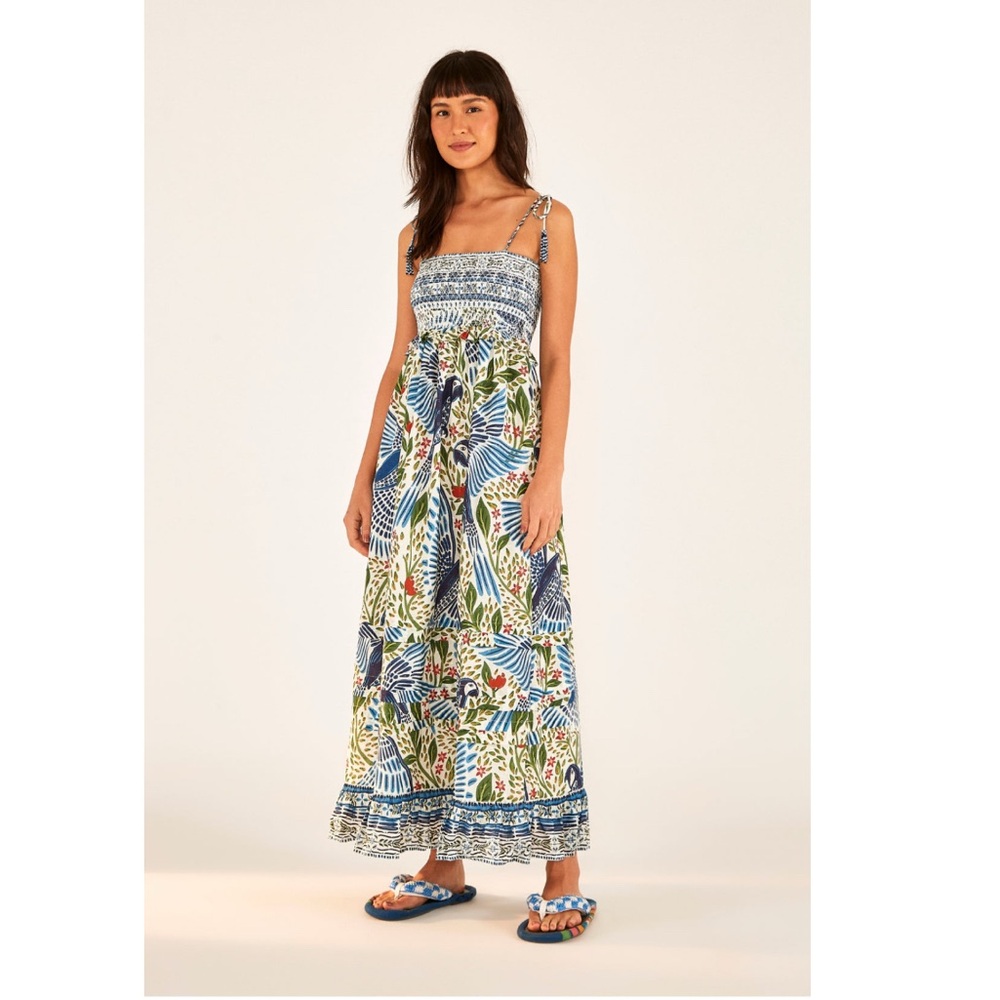 FARM Rio Off White Macaw Flight Smocked Maxi Dress XXS NWT